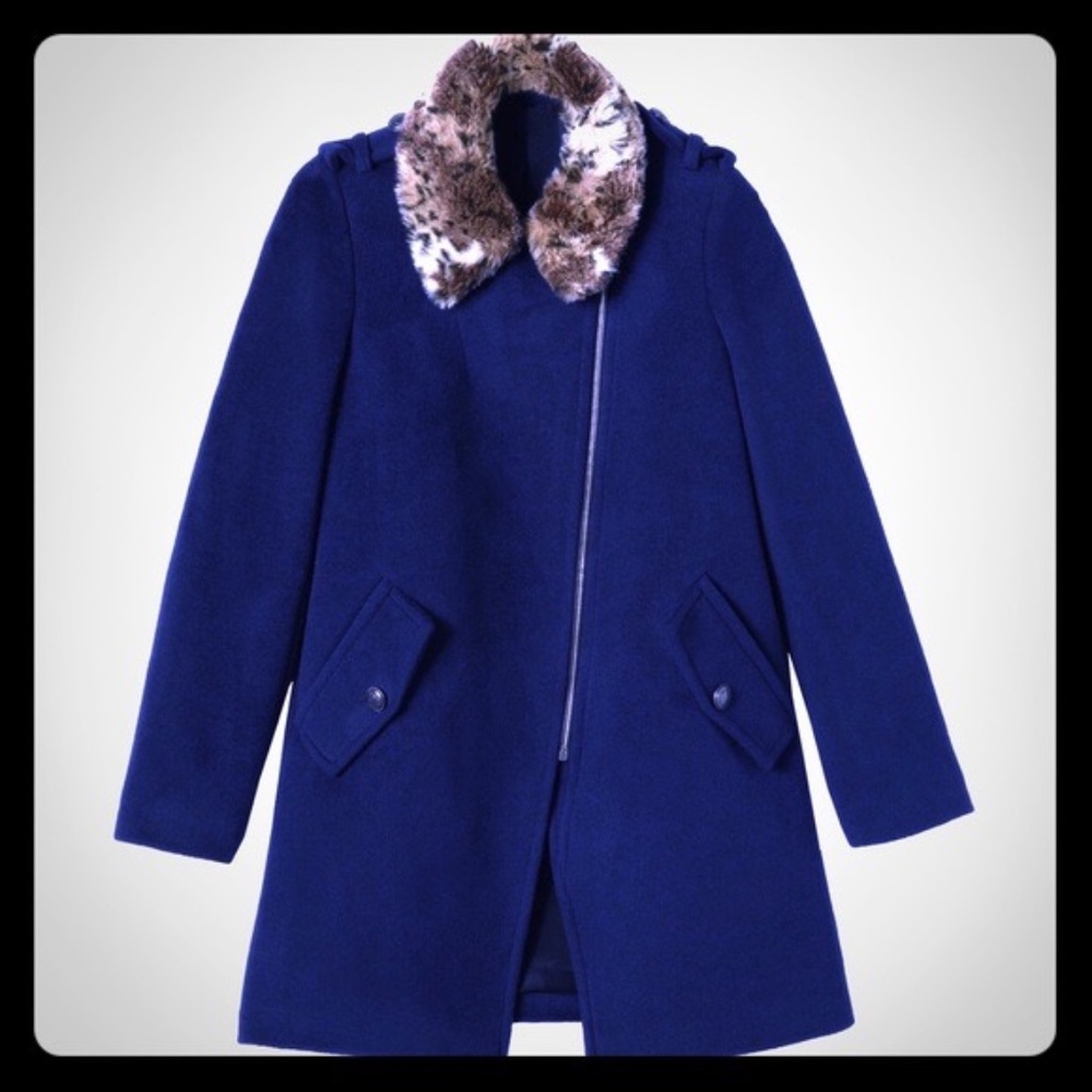 Rebecca Taylor asymmetric zipper car coat with faux fur collar. Size 6 - Picture 2 of 11